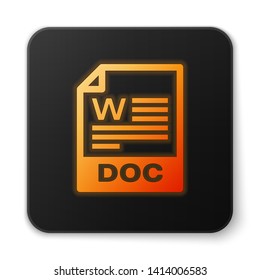 Orange glowing DOC file document icon. Download doc button icon isolated on white background. DOC file extension symbol. Black square button. Vector Illustration