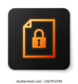 Orange glowing Document and lock icon isolated on white background. File format and padlock. Security, safety, protection concept. Black square button. Vector Illustration