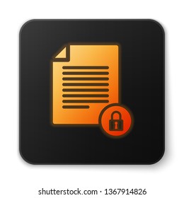 Orange glowing Document and lock icon isolated on white background. File format and padlock. Security, safety, protection concept. Black square button. Vector Illustration