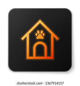 Orange glowing Dog house and paw print pet icon isolated on white background. Dog kennel. Black square button. Vector Illustration