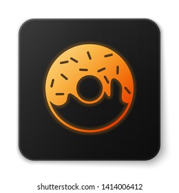 Orange glowing Donut with sweet glaze icon isolated on white background. Black square button. Vector Illustration