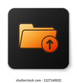Orange glowing Download arrow with folder icon isolated on white background. Black square button. Vector Illustration
