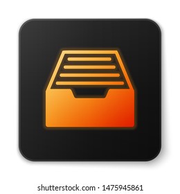 Orange glowing Drawer with documents icon isolated on white background. Archive papers drawer. File Cabinet Drawer. Office furniture. Black square button. Vector Illustration