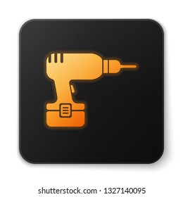 Orange glowing Drill machine icon isolated on white background. Black square button. Vector Illustration