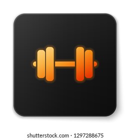 Orange glowing Dumbbell icon isolated on white background. Muscle lifting icon, fitness barbell, gym icon, sports equipment symbol, exercise bumbbell. Black square button. Vector Illustration