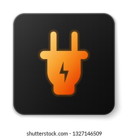 Orange glowing Electric plug icon isolated on white background. Concept of connection and disconnection of the electricity. Black square button. Vector Illustration
