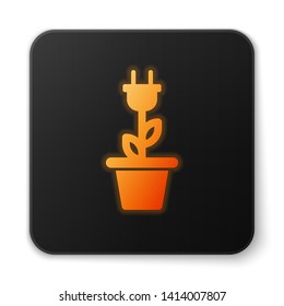 Orange glowing Electric saving plug in pot icon isolated on white background. Save energy electricity icon. Environmental protection icon. Bio energy. Black square button. Vector Illustration