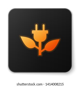 Orange glowing Electric saving plug in leaf icon isolated on white background. Save energy electricity icon. Environmental protection icon. Bio energy. Black square button. Vector Illustration