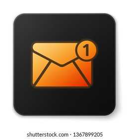 Orange glowing Envelope icon isolated on white background. Received message concept. New, email incoming message, sms. Mail delivery service. Black square button. Vector Illustration