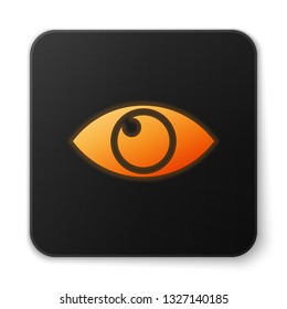 Orange glowing Eye icon isolated on white background. Black square button. Vector Illustration