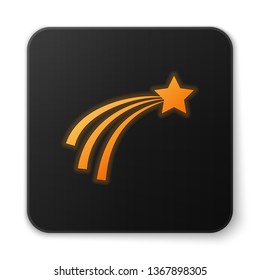 Orange glowing Falling star icon isolated on white background. Shooting star with star trail. Meteoroid, meteorite, comet, asteroid, star icon. Black square button. Vector Illustration