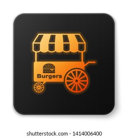 Orange glowing Fast street food cart with awning icon isolated on white background. Burger or hamburger icon. Urban kiosk. Black square button. Vector Illustration