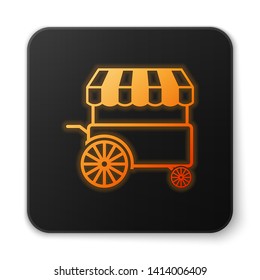Orange glowing Fast street food cart with awning icon isolated on white background. Urban kiosk. Black square button. Vector Illustration