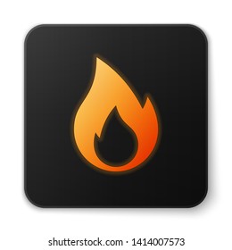 Orange glowing Fire flame icon isolated on white background. Heat symbol. Black square button. Vector Illustration