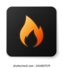 Orange glowing Fire flame icon isolated on white background. Heat symbol. Black square button. Vector Illustration