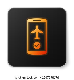 Orange glowing Flight mode in the mobile phone icon isolated on white background. Airplane or aeroplane flight offline mode passenger regulation airline . Black square button. Vector Illustration