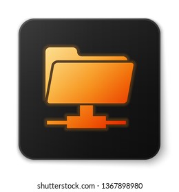 Orange glowing FTP folder icon on white background. Concept of software update, ftp transfer protocol, router, teamwork tool management, copy process, info. Black square button. Vector Illustration