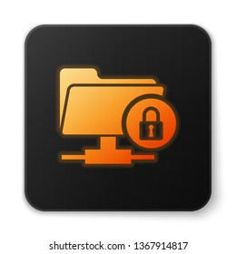 Orange glowing FTP folder and lock icon isolated on white background. Concept of software update, ftp transfer protocol. Security, safety, protection concept. Black square button. Vector Illustration