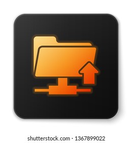Orange glowing FTP folder upload icon on white background. Concept of software update, transfer protocol, router, teamwork tool management, copy process. Black square button. Vector Illustration