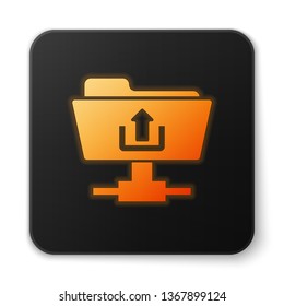 Orange glowing FTP folder upload icon on white background. Concept of software update, transfer protocol, router, teamwork tool management, copy process. Black square button. Vector Illustration