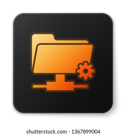 Orange glowing FTP settings folder icon on white background. Concept of software update, transfer protocol, router, teamwork tool management, copy process. Black square button. Vector Illustration