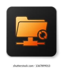 Orange glowing FTP sync refresh icon on white background. Concept of software update, transfer protocol, router, teamwork tool management, copy process. Black square button. Vector Illustration