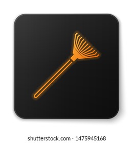 Orange glowing Garden rake for leaves icon isolated on white background. Tool for horticulture, agriculture, farming. Ground cultivator. Black square button. Vector Illustration