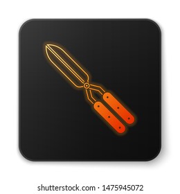Orange glowing Gardening handmade scissors for trimming icon isolated on white background. Pruning shears with wooden handles. Black square button. Vector Illustration