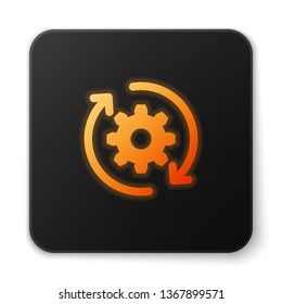 Orange glowing Gear and arrows as workflow concept icon isolated on white background. Gear reload sign. Black square button. Vector Illustration