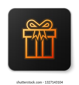 Orange glowing Gift box icon isolated on white background. Black square button. Vector Illustration