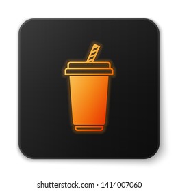 Orange glowing Glass with water icon isolated on white background. Soda drink glass with drinking straw. Fresh cold beverage symbol. Black square button. Vector Illustration