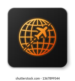 Orange glowing Globe with flying plane icon isolated on white background. Airplane fly around the planet earth. Aircraft world icon. Black square button. Vector Illustration