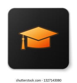 Orange glowing Graduation cap icon isolated on white background. Graduation hat with tassel icon. Black square button. Vector Illustration