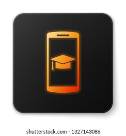 Orange glowing Graduation cap on screen smartphone icon isolated on white background. Online learning or e-learning concept. Black square button. Vector Illustration