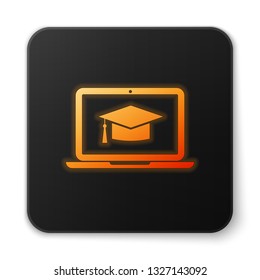 Orange glowing Graduation cap on screen laptop icon isolated on white background. Online learning or e-learning concept. Black square button. Vector Illustration