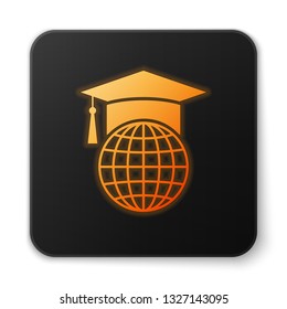 Orange glowing Graduation cap on globe icon isolated on white background. World education symbol. Online learning or e-learning concept. Black square button. Vector Illustration