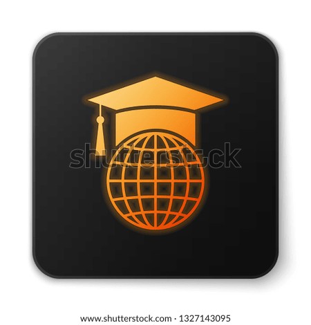 Orange glowing Graduation cap on globe icon isolated on white background. World education symbol. Online learning or e-learning concept. Black square button. Vector Illustration