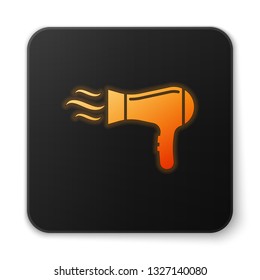 Orange glowing Hair dryer icon isolated on white background. Hairdryer sign. Hair drying symbol. Blowing hot air. Black square button. Vector Illustration