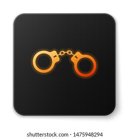 Orange glowing Handcuffs icon isolated on white background. Black square button. Vector Illustration