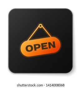 Orange glowing Hanging sign with text Open door icon isolated on white background. Black square button. Vector Illustration