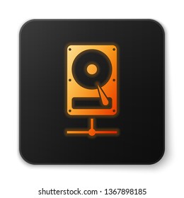 Orange glowing Hard disk drive on sharing network icon isolated on white background. Black square button. Vector Illustration