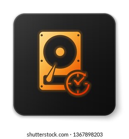 Orange glowing Hard disk drive with clockwise sign, data recovery icon isolated on white background. Black square button. Vector Illustration