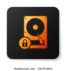 Orange glowing Hard disk drive and lock icon isolated on white background. HHD and padlock. Security, safety, protection concept. Black square button. Vector Illustration
