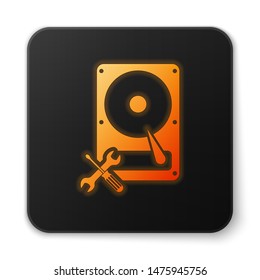 Orange glowing Hard disk drive with screwdriver and wrench icon isolated on white background. Adjusting, service, setting, maintenance, repair, fixing. Black square button. Vector Illustration