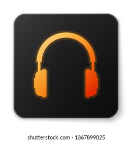 Orange glowing Headphones icon isolated on white background. Earphones sign. Concept object for listening to music, service, communication and operator. Black square button. Vector Illustration