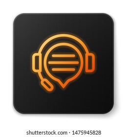 Orange glowing Headphones with speech bubble chat icon isolated on white background. Support customer service, hotline, call center, faq, maintenance. Black square button. Vector Illustration
