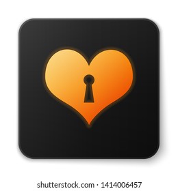 Orange glowing Heart with keyhole icon isolated on white background. Locked Heart. Love symbol and keyhole sign. Black square button. Vector Illustration