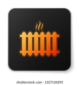 Orange glowing Heating radiator icon isolated on white background. Black square button. Vector Illustration