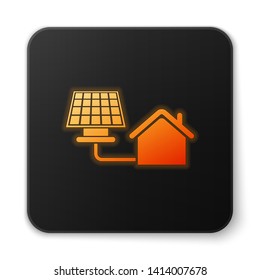 Orange glowing House with solar panel icon isolated on white background. Ecology, solar renewable energy. Eco-friendly house. Environmental Protection. Black square button. Vector Illustration