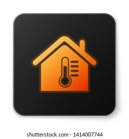 Orange glowing House temperature icon isolated on white background. Thermometer icon. Black square button. Vector Illustration